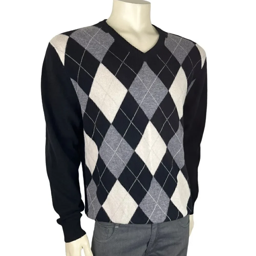 Alan Flusser V-Neck Argyle Sweater 100% Cashmere Size L Like New Condition